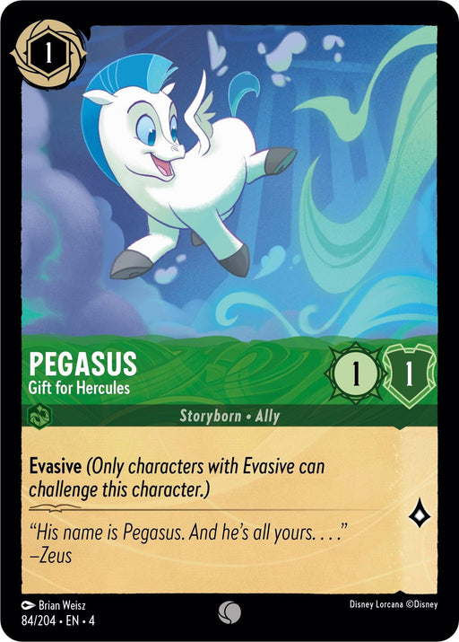 A Disney Lorcana trading card featuring Pegasus from the movie "Hercules." The card is labeled "Pegasus - Gift for Hercules (84/204) [Ursula's Return]," with 1 strength and 1 willpower. Pegasus is depicted flying joyfully in the sky with a green swirly background. The card's text emphasizes its evasive ability, reminiscent of Ursula's Return.