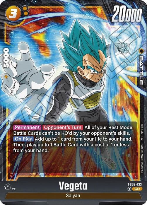 A Vegeta [Blazing Aura] collectible card from the Dragon Ball Super: Fusion World. The card showcases Vegeta with blue hair and a blazing aura in battle attire against a colorful, explosive background. It features a power value of 20000, a combo value of 5000, and specific in-game rules for play. The text is readable.
