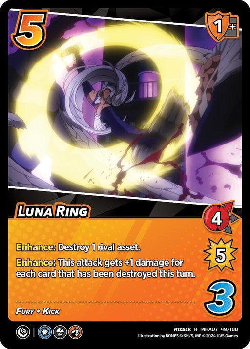 A dynamic card from a trading card game features a character performing a powerful kick enveloped in a glowing ring. The rare card, titled "Luna Ring [Girl Power]," boasts stats like 5 speed, 1 difficulty, 4 attack, and 5 damage. Text includes special abilities and strategies for the attack. Bright, action-packed imagery from UniVersus.