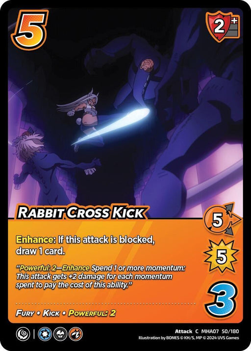 A brightly colored card displays intense fighting action. The title reads "Rabbit Cross Kick [Girl Power]." A character in motion delivers a glowing blue attack against a standing opponent. Their companion is mid-air with a powerful, bright weapon. The card stats and abilities are highlighted at the bottom. This is part of the UniVersus collection.