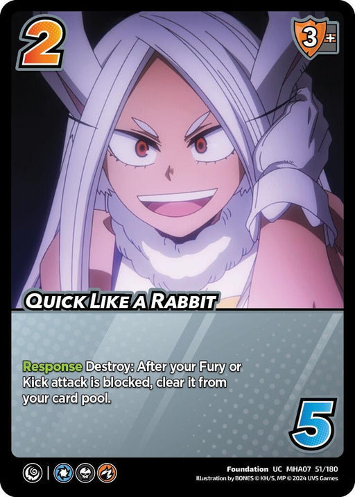 A trading card named "Quick Like a Rabbit [Girl Power]" from UniVersus features a fierce female character with long white hair and rabbit ears. She has a wide grin, intense red eyes, and engages in a furious kick attack. The card has values of 2 and 5, with abilities described at the bottom.