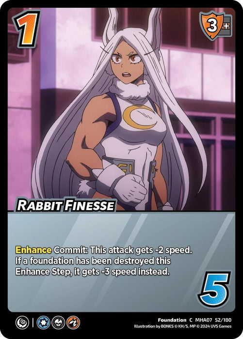 A UniVersus card titled "Rabbit Finesse [Girl Power]" showcases a character with long white hair, rabbit ears, and a white and gold outfit. The card reads, "Enhance Commit: This attack gets -2 speed." The character appears determined, clenching a fist. Various game statistics and Block Zone icons are displayed at the bottom.