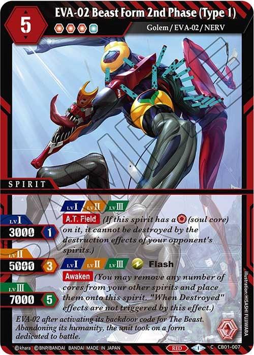 Card image titled "EVA-02 Beast Form 2nd Phase (Type I)," depicting a mechanical humanoid with red armor and a multi-eyed mask. The card belongs to the "Spirit" category from Collaboration Booster 01 and lists attributes including 3000 BP at level 1, 5000 BP at level 2, and 7000 BP at level 3. The product name is EVA-02 Beast Form 2nd Phase (Type I) (CB01-007) [Collaboration Booster 01: Halo of Awakening] by Bandai.