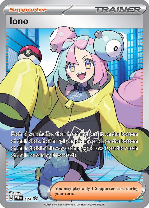 A Pokémon Trainer card titled "Iono (124) [Scarlet & Violet: Black Star Promos]" from Pokémon, illustrated by yuu, features a colorful character with pink and blue hair, wearing a vibrant outfit with a yellow jacket and large, bulbous accessories on their head. This Supporter card from the Scarlet & Violet series details a gameplay effect related to shuffling hands and drawing cards.