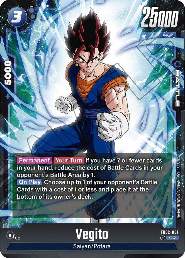 A "Dragon Ball Super: Fusion World" trading card featuring Vegito (FB02-061) [Blazing Aura] in a dynamic pose, surrounded by a Blazing Aura. The card costs 3 energy, has a power of 25,000, and is labeled as a Saiyan/Potara with the Super Rare (SR) rarity symbol. Detailed effects are listed in text boxes, and the design includes vivid, action-packed artwork.