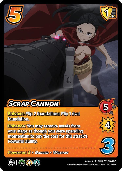 An action-packed card image from a trading card game. The powerful card titled "Scrap Cannon [Girl Power]" depicts a fierce character wearing a red cape and black outfit, firing a large ranged weapon. The card has various stats, including a 5 difficulty, 4 speed, and 3 damage. Enhancements are detailed at the bottom. This is part of the UniVersus brand.
