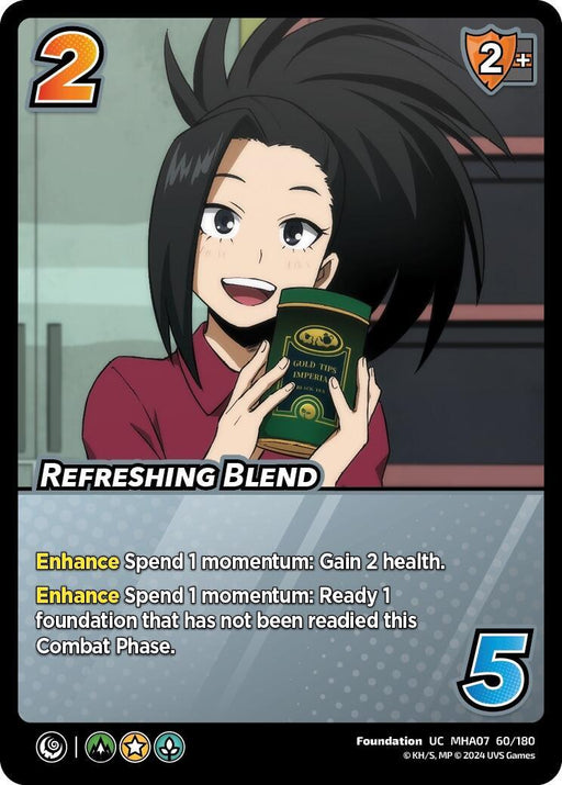 A collectible card features an illustration of a cheerful young woman with black hair holding a green tea canister. She has a joyful expression and is positioned against a blue and gray textured background. The card, an uncommon find, details energy, health, and enhancement attributes, plus specific game instructions. The product name is Refreshing Blend [Girl Power], from the brand UniVersus.