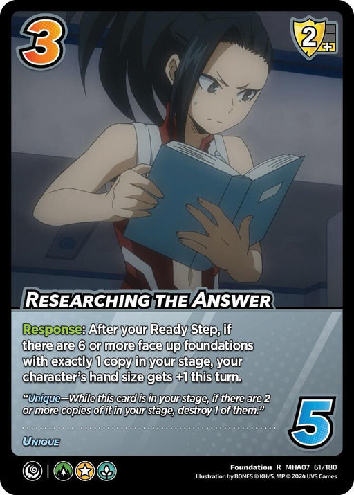 A rare card features an animated female character with black hair in a high ponytail, wearing a red and white outfit, intently reading a book. Titled "Researching the Answer [Girl Power]," it costs 3 energy, has a 2-difficulty and 5-check value. The text describes its unique ability and Block Zone L mechanism from the UniVersus brand.
