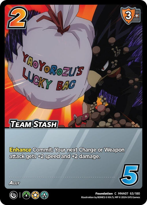 A trading card featuring a character holding a white bag with colorful text “Yaoyorozu’s Lucky Bag.” The card, named "Team Stash [Girl Power]," showcases values “2” and “3+” in the top corners and "5" in the bottom right. An enhancement description highlights its power to charge an ally. This card is part of the UniVersus brand.