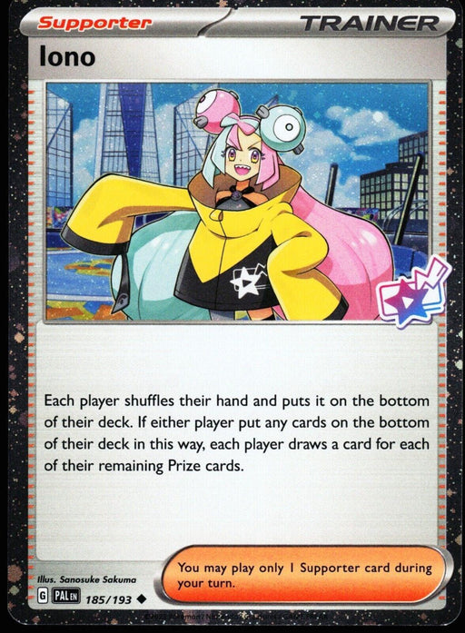 A Pokémon Iono (185/193) (Cosmo Foil) [Scarlet & Violet: Paldea Evolved] card titled "Iono". The illustration features a cheerful female character with pink and blue hair styled in twin buns, wearing a yellow and black jacket with a star emblem. She's smiling and raising one arm. This Scarlet & Violet Supporter card's text describes a game effect related to shuffling hands and drawing cards.