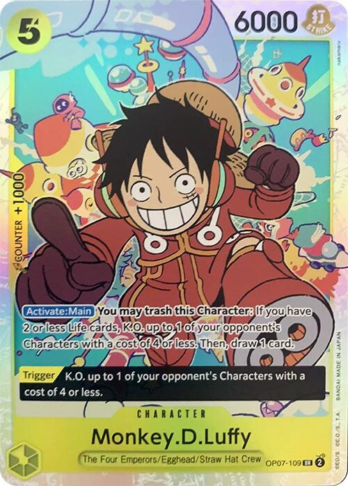 This trading card game Character Card, "Monkey.D.Luffy (109) [500 Years in the Future]," by Bandai features a super rare depiction of Luffy grinning widely with outstretched hands. The card showcases a "5" cost and a "6000" power, along with strategic abilities connected to character affiliations set 500 years in the future.