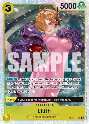 The "Lilith [500 Years in the Future]" card by Bandai is an Egghead type card in the One Piece trading card game. It features a pink-haired character with goggles and a tech-adorned pink suit. This Super Rare card has 5000 power and unique deck management abilities like drawing and placing cards.