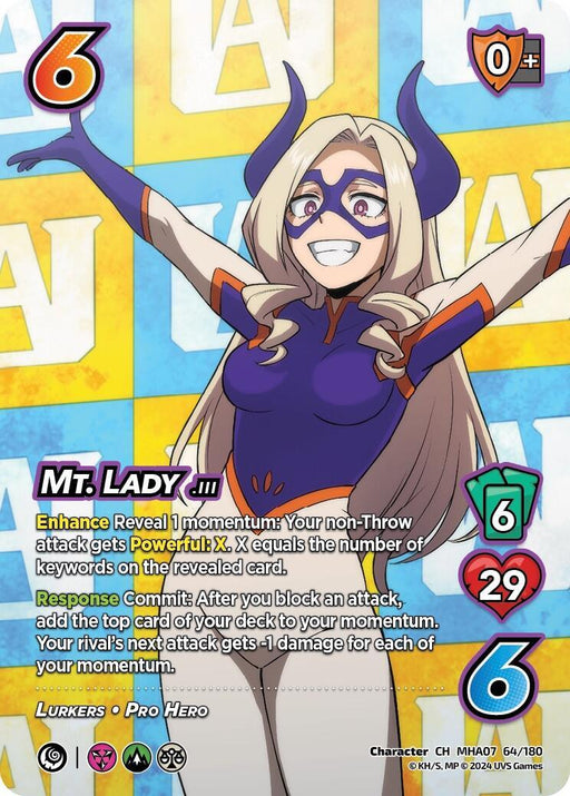 A UniVersus Mt. Lady [Girl Power] collectible card depicting Mt. Lady, a Pro Hero in a purple and blue superhero costume with a mask and horned headpiece. The card displays numbers and text for health, power, and abilities. Mt. Lady is smiling confidently against a background with a repeating pattern, perfect for Lurkers to admire.