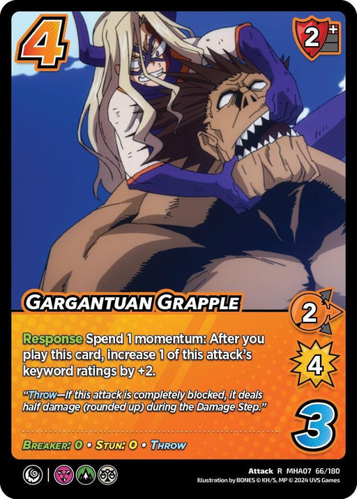 An anime-style trading card titled "Gargantuan Grapple [Girl Power]" from UniVersus features a dynamic scene of two characters in combat. This rare card has a difficulty of 4, check of 2, and red and yellow symbols. The character stats include a +2 keyword rating increase, 2 mid block, 4 mid attack, and 3 throw damage.