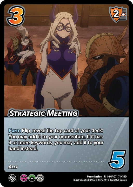 The rare card titled "Strategic Meeting [Girl Power]" from UniVersus features a central figure wearing a purple and white outfit with horns on the headpiece, standing confidently. Two other armored allies are seated on either side. Key information includes a 3 difficulty, 2+ block modifier, and 5 control check. The card text describes gameplay mechanics.