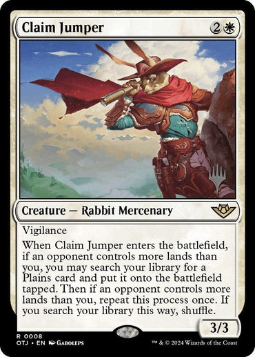 A Magic: The Gathering card titled "Claim Jumper (Promo Pack) [Outlaws of Thunder Junction Promos]" from the Outlaws of Thunder Junction Promos. The illustration features a Rabbit Mercenary in a red hat and coat, holding a pickaxe aloft with mountains in the background. The card costs 2W, is type "Creature — Rabbit Mercenary" with Vigilance, and has stats of 3/3.