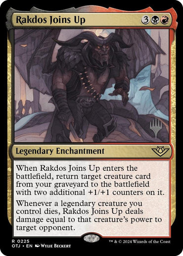 The image is a Magic: The Gathering card titled "Rakdos Joins Up (Promo Pack) [Outlaws of Thunder Junction Promos]." This Legendary Enchantment, found in the Outlaws of Thunder Junction set, has a casting cost of 3 generic mana, 1 black mana, and 1 red mana. The artwork depicts a demonic figure with wings and horns, with abilities detailed below the illustration.