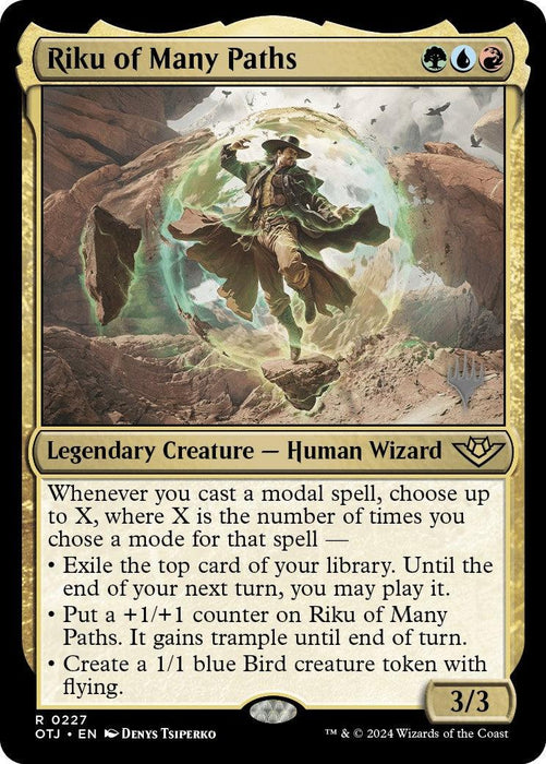 A Magic: The Gathering card titled "Riku of Many Paths (Promo Pack) [Outlaws of Thunder Junction Promos]." This Legendary Creature features detailed artwork of a Human Wizard casting spells, with swirling magic around him. Text on the card details the card's abilities, including exiling and playing cards, gaining trample and lifelink, and creating Bird creature tokens.