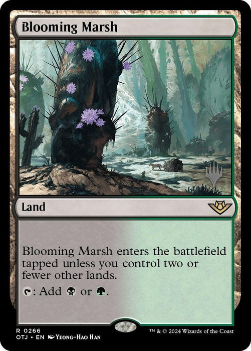 The image is a trading card named "Blooming Marsh (Promo Pack) [Outlaws of Thunder Junction Promos]" from Magic: The Gathering. This rare land card features a swampy forest scene with spiked, moss-covered trees adorned with purple flowers. The text explains it enters tapped unless conditions are met and it produces Black or Green mana.