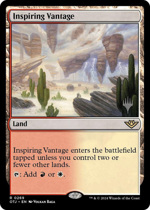 The "Inspiring Vantage" card from the Outlaws of Thunder Junction Promos in Magic: The Gathering portrays a rare and fantastical scene of hovering rock formations and lightning bolts over desert cacti beneath a cloudy sky. As a "Land" card, it offers red or white mana when certain conditions are met.