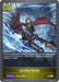 A Swordcraft game card features a knight in black armor wielding a glowing sword, surrounded by swirling winds and debris. The card costs 3 points and is categorized as a spell with "Commander" and "G" attributes. Titled *Cyclone Blade (BP04-026EN) [Cosmic Mythos]*, its effect deals X damage to each enemy follower, where X equals the selected Commander's attack. (ID: BP04-026EN by Bushiroad)