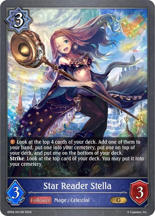 A fantasy-themed trading card titled "Star Reader Stella (BP04-041EN) [Cosmic Mythos]" from the Bushiroad series. The card depicts a female character holding a staff, adorned in celestial attire with star motifs. With stats of 3 attack and 3 defense, her Runecraft abilities allow her to perform powerful actions in the card game.