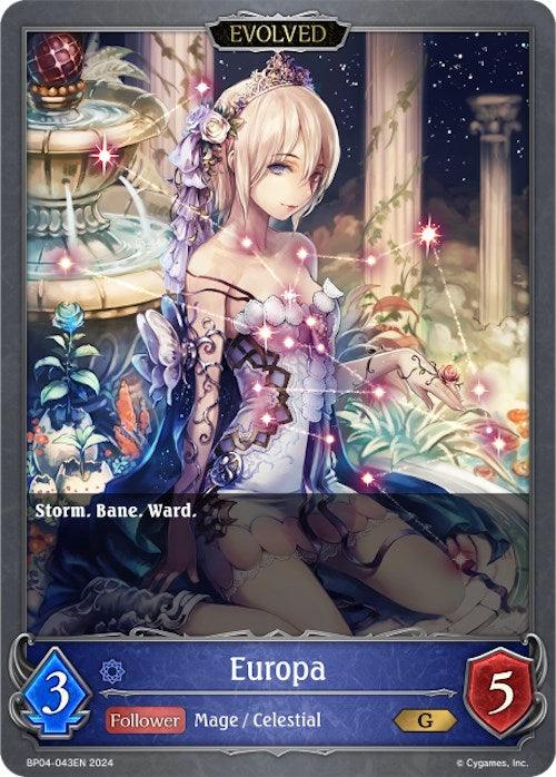 The Europa (Evolved) card from Bushiroad's Cosmic Mythos collection presents a mesmerizing figure embodying the spirit of Runecraft. Surrounded by luminous flowers and intricate water features in a garden, Europa is depicted with white hair adorned in an exquisite, semi-transparent dress. This card features Storm, Bane, and Ward attributes, along with 3 attack and 5 defense points.