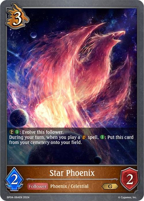 A fantasy trading card depicting "Star Phoenix (BP04-064EN) [Cosmic Mythos]," a powerful creature from the Cosmic Mythos series by Bushiroad. The phoenix is illustrated as a fiery and ethereal bird with a cosmic background. The card details include a cost of 3, attack of 2, defense of 2 with special abilities, and categorized as Phoenix/Celestial.