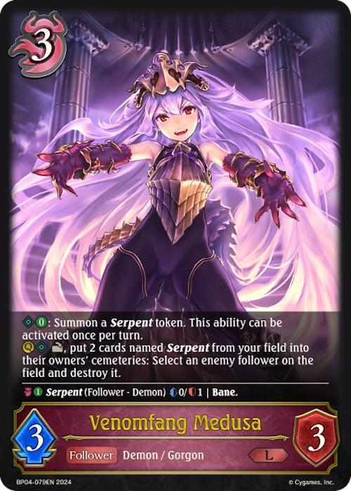 A fantasy trading card featuring "Venomfang Medusa (BP04-079EN) [Cosmic Mythos]" from Bushiroad displays an anime-style character with long purple hair, a horned headpiece, and a revealing black outfit. She has a glowing purple aura. The stats are 3 costs, 3 attacks, and 3 defenses. The card includes descriptive text and game abilities.
