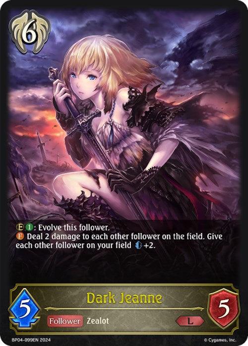 A fantasy card depicting Dark Jeanne (BP04-099EN) [Cosmic Mythos], a Havencraft character with light blonde hair, clad in dark armor and holding a blade with her left hand. She is surrounded by a stormy background with lightning, evoking a sense of cosmic mythos. The card features her stats, abilities, and a description at the bottom from Bushiroad.