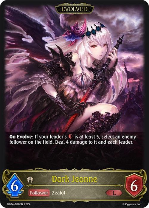 A digital trading card titled "Dark Jeanne (Evolved) (BP04-100EN) [Cosmic Mythos]" by Bushiroad shows a female character with long, white hair adorned with a floral hairpiece, wearing dark, ornate armor. Categorized as "Evolved," this Legendary card details a special ability triggered upon evolving. The character's stats are 6 Attack and 6 Defense.