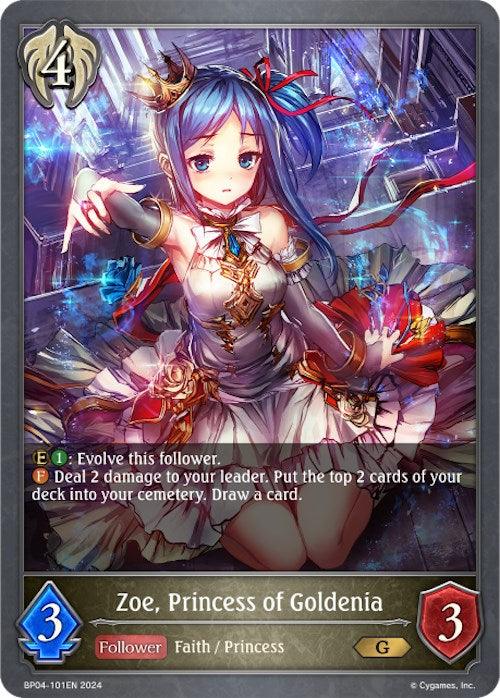 A trading card featuring "Zoe, Princess of Goldenia (BP04-101EN) [Cosmic Mythos]," a character with long blue hair and a white and gold outfit adorned with red and blue ribbons. The Havencraft card details show she has 3 attack and 3 defense points, belongs to the Faith/Princess category, and offers abilities including evolving and cost-related effects. The card is produced by Bushiroad.