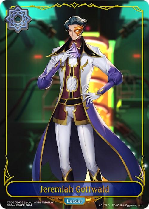 Jeremiah Gottwald from Code Geass stands confidently in a purple and white uniform with gold accents. He wears a half-mask over his left eye and has blue hair with a white streak. The high-tech setting, illuminated by glowing lights, hints at an underlying cosmic mythos. "Jeremiah Gottwald (BP04-LD04EN) [Cosmic Mythos]" by Bushiroad is labeled at the bottom.