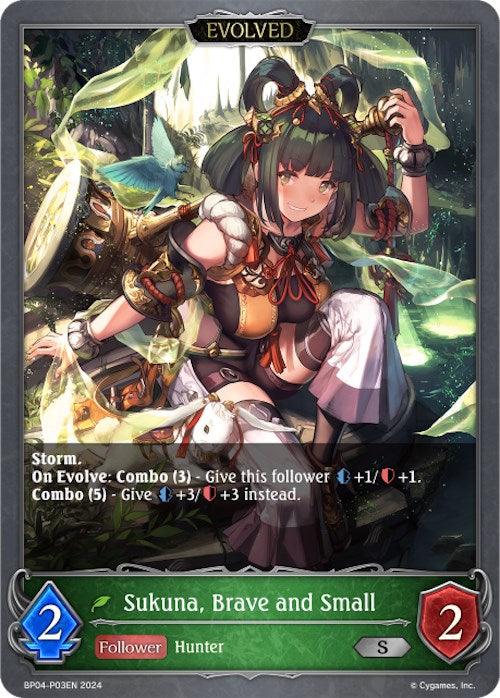 A premium digital card from a game featuring an evolved character named "Sukuna, Brave and Small (Evolved) - P03EN (Foil) (BP04-P03EN) [Cosmic Mythos]." She has long dark hair adorned with flowers, dressed in an ornate garment. The card shows her stats: 2 attack and 2 defense points. Text indicates her abilities and combo effects when evolved.
