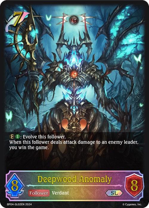 A fantasy trading card titled "Deepwood Anomaly (BP04-SL02EN) [Cosmic Mythos]" by Bushiroad. This Super Legendary card depicts a dark, menacing creature with glowing blue-green details, skeletal wings, and eerie red eyes. Text describes special abilities and stats: 8 attack, 8 defense, cost of 7, and unique win condition. Card type is Follower, faction is Verdant.