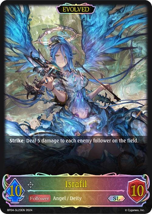 A fantasy-themed illustration of Israfil (Evolved) (BP04-SL23EN) [Cosmic Mythos] by Bushiroad, an evolved angelic deity with blue hair and large, bluish glowing wings. She wields a bow and sits on a throne-like structure surrounded by ethereal light. Her Super Legendary attack ability is described: "Strike: Deal 5 damage to each enemy follower on the field.