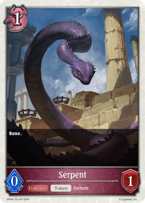 A digital card showcases a coiled, purple serpent with fierce yellow eyes and menacing fangs. The background depicts ancient ruins under a blue sky. Titled "Serpent (BP04-T01EN) [Cosmic Mythos]" from the Bushiroad set, its attributes are 0 attack and 1 defense. The text reads "Bane" and it is classified as a "Follower Token Demon.