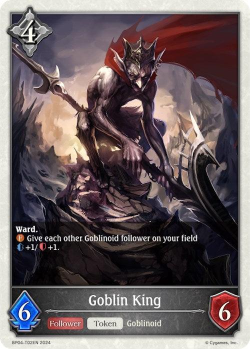 A product from Bushiroad titled Goblin King (BP04-T02EN) [Cosmic Mythos]: A fantasy card representing a menacing "Goblin King" with a cost of 4 at the top left corner. The goblin-like creature, adorned with a crown and wielding a large spear, stands on rocky terrain under dark, intense artwork. Stats: 6 attack, 6 defense. Text reads: "Give each other Goblinoid follower on your field +1/+1.