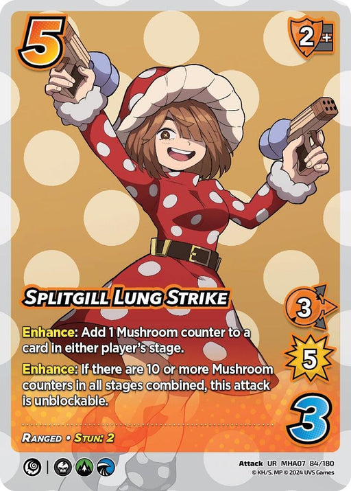 A female character dressed in a red mushroom-patterned outfit with a pointed hood poses confidently with two wooden pistols. The Ultra Rare card titled "Splitgill Lung Strike [Girl Power]" by UniVersus includes enhancements and stats like Mushroom counters, unblockable attacks, attack, defense, and energy levels displayed.
