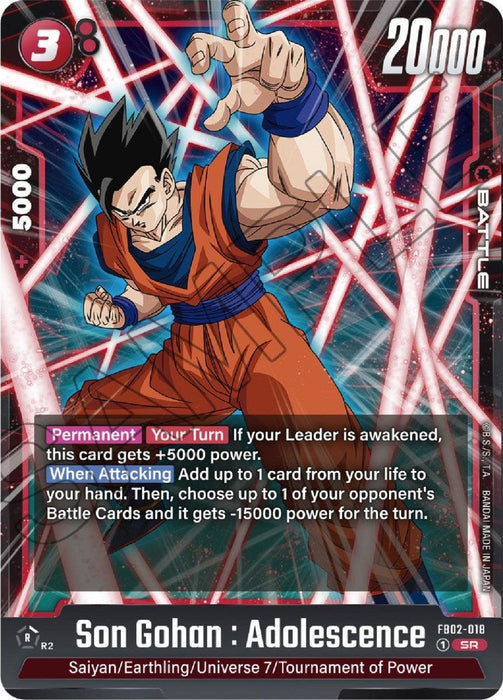 A Son Gohan : Adolescence (FB02-018) [Blazing Aura] trading card from Dragon Ball Super: Fusion World featuring Son Gohan in an orange gi with a blue undershirt, clenching his fist. Titled "Son Gohan: Adolescence," it boasts stats of 3 energy cost, 20,000 power, and 5,000 combo. The background has vibrant, intersecting red and blue energy lines that evoke a blazing aura.