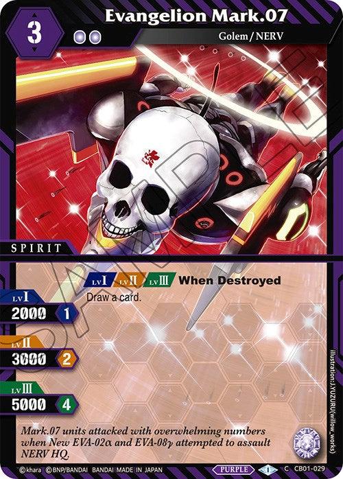 A trading card titled "Evangelion Mark.07 (CB01-029) [Collaboration Booster 01: Halo of Awakening]" from Bandai shows a skeletal robot with a red symbol on its forehead wielding dual machetes. Background depicts dynamic action lines. The card has stats for power levels 1-3, abilities, and flavor text detailing an attack incident involving Mark.07 units.