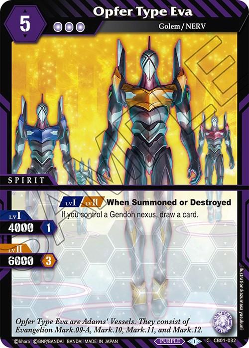 A trading card titled "Opfer Type Eva (CB01-032) [Collaboration Booster 01: Halo of Awakening]" from Bandai depicts three humanoid robotic figures with sleek, metallic bodies. One main figure, resembling Evangelion Mark, stands in the foreground with glowing eyes and intricate armor details. The card features text explaining its abilities and stats, framed by a purple and sci-fi themed border design.