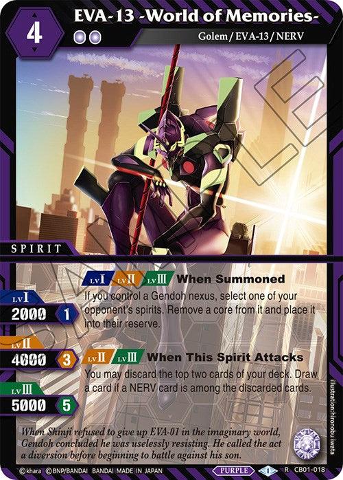 A rare spirit card titled "EVA-13 -World of Memories- (CB01-018) [Collaboration Booster 01: Halo of Awakening]" represents a futuristic golem with dual heads and arms holding a spear, standing against a cityscape backdrop. The purple card has stats: 4 cost, levels 1-3, 2000 to 5000 power. Abilities detailed below from the Bandai Collaboration Booster. Extra text at the bottom.