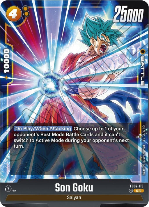 A Dragon Ball Super: Fusion World trading card featuring Son Goku (FB02-119) [Blazing Aura] from the "Dragon Ball" series. He is shown in an action pose with blue hair, surrounded by a Blazing Aura, and wearing his orange gi. The card has a power value of 10,000 and a battle power of 25,000. Ability: "On Play/When Attacking: Choose up to 1 of your opponent