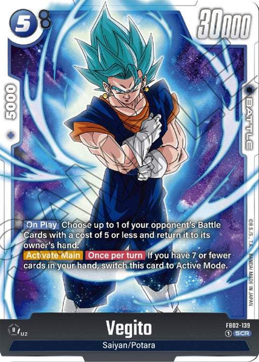 A Secret Rare trading card featuring Vegito (FB02-139) [Blazing Aura] with blue hair, wearing blue and orange clothing. The card background showcases swirling energy effects with a Blazing Aura. The text details gameplay abilities like targeting opponent Battle Cards and switching modes under certain conditions. Power rating is 30000, from the Dragon Ball Super: Fusion World brand.