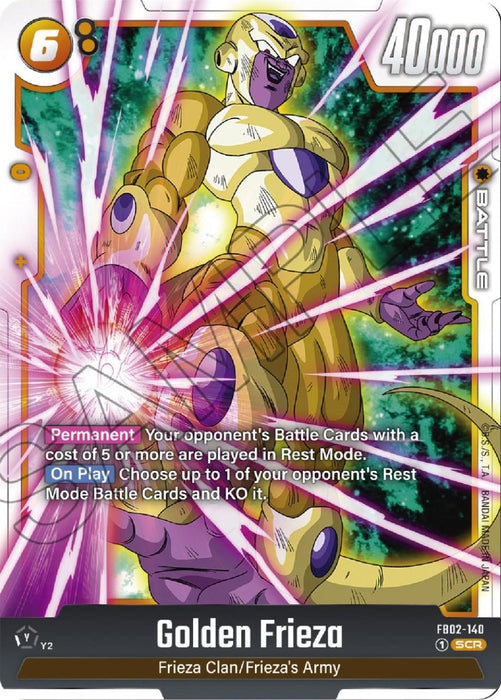 A Dragon Ball Super: Fusion World trading card depicts Golden Frieza [Blazing Aura] with a Blazing Aura, performing an energy attack. The character is in a dynamic pose with an intense expression, surrounded by pink-purple energy beams. This Secret Rare card shows 40,000 power, a play cost of 6, and abilities affecting opponents' Battle Cards.