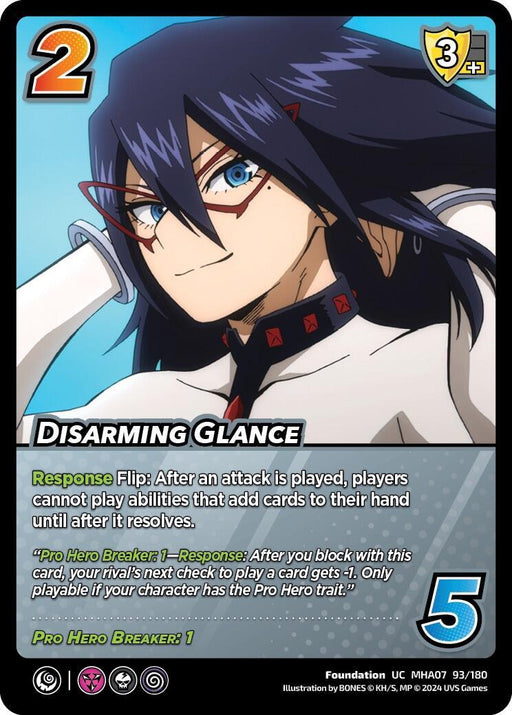 A trading card titled "Disarming Glance [Girl Power]" featuring a Pro Hero with dark hair and a serious expression, wearing glasses and a white outfit with black and red accents. The card includes various details: cost (2), symbol (3), ability (5), descriptive text above and below the image. This card is part of the UniVersus brand.