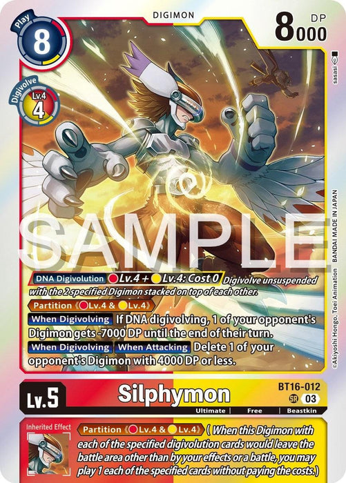 A Digimon Super Rare trading card featuring Silphymon [BT16-012] [Beginning Observer]. The card depicts a dynamic image of Silphymon, a bipedal creature with wings, striking a powerful pose surrounded by a glowing aura. With 8000 DP and multiple abilities highlighted, this DNA Digivolution masterpiece is numbered BT16-012.