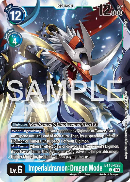 A Digimon trading card featuring Imperialdramon: Dragon Mode [BT16-028] [Beginning Observer]. The card showcases a blue background with dynamic graphics, highlighting the Ancient Dragon's mechanical features, blue and white color scheme, and red accents. Text details its in-game statistics and effects. "SAMPLE" is overlaid.
