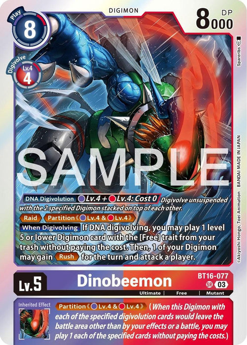 A Digimon Dinobeemon [BT16-077] [Beginning Observer] trading card featuring Dinobeemon. The card shows an insect-like creature with blue and green armor, red eyes, and large wings. Its stats are: Level 5, 8000 DP, and cost 8. The card includes effects for DNA Digivolution and benefits when certain conditions are met.